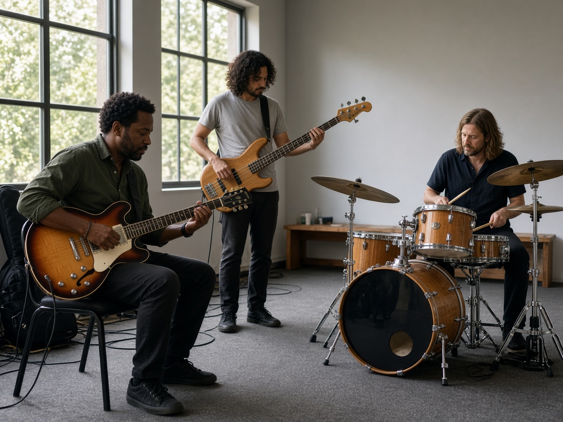 Groupe en répétition dans une salle lumineuse